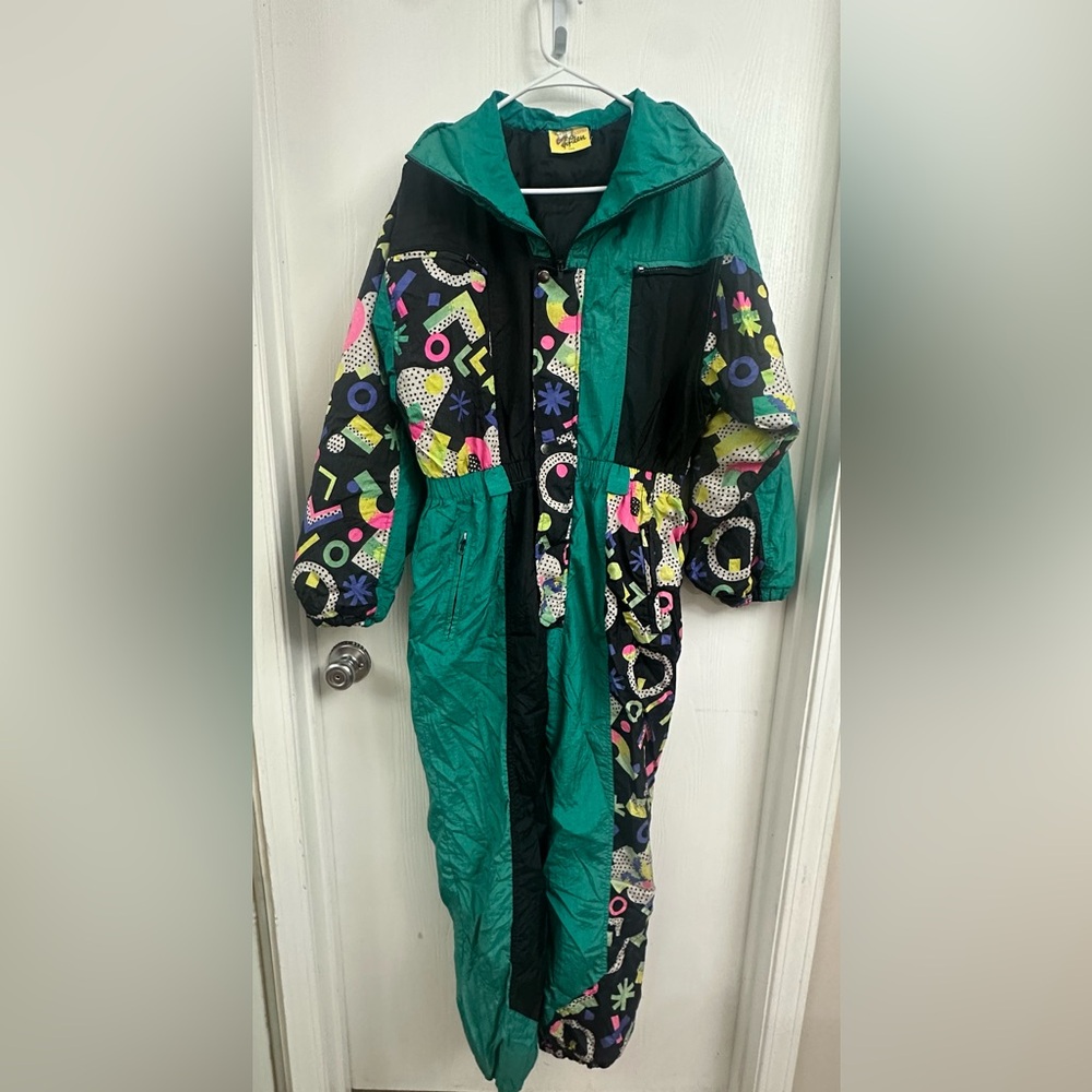 80s 90s Colorful abstract pattern vintage one piece winter snow ski jumpsuit